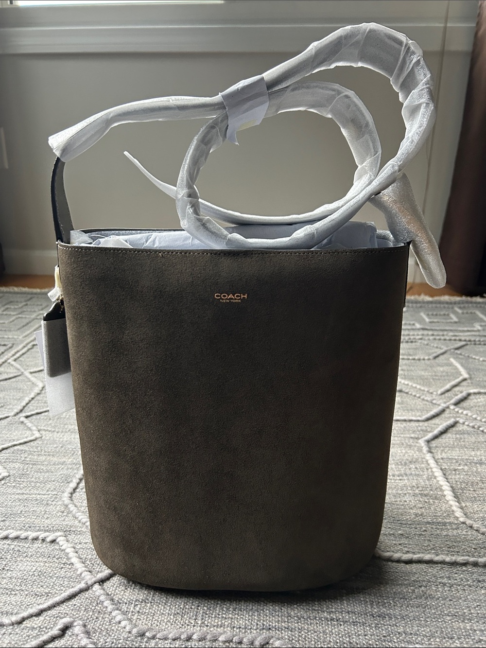 COACH Bleecker Bucket Bag in Dark Green Suede and Brass Hardware-NWT